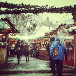 The Christmas-y atmosphere of the holiday market almost makes you forget you're in New York City.